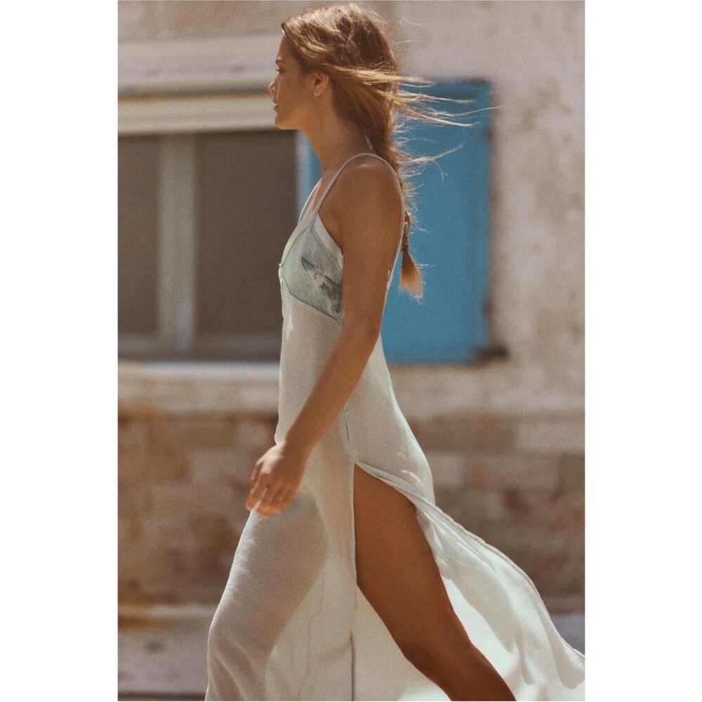 ZARA Blue Denim Contrasting Midi Dress Semi Sheer Slit Cover Up Size Large - Picture 5 of 9